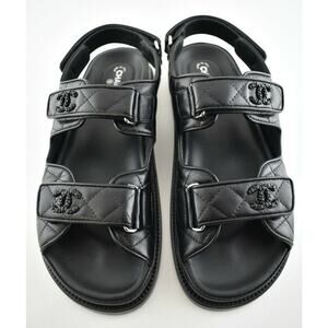 Chanel Black Leather Quilted Chain CC Logo Mule Slide Strap Flat Dad Sandal 40